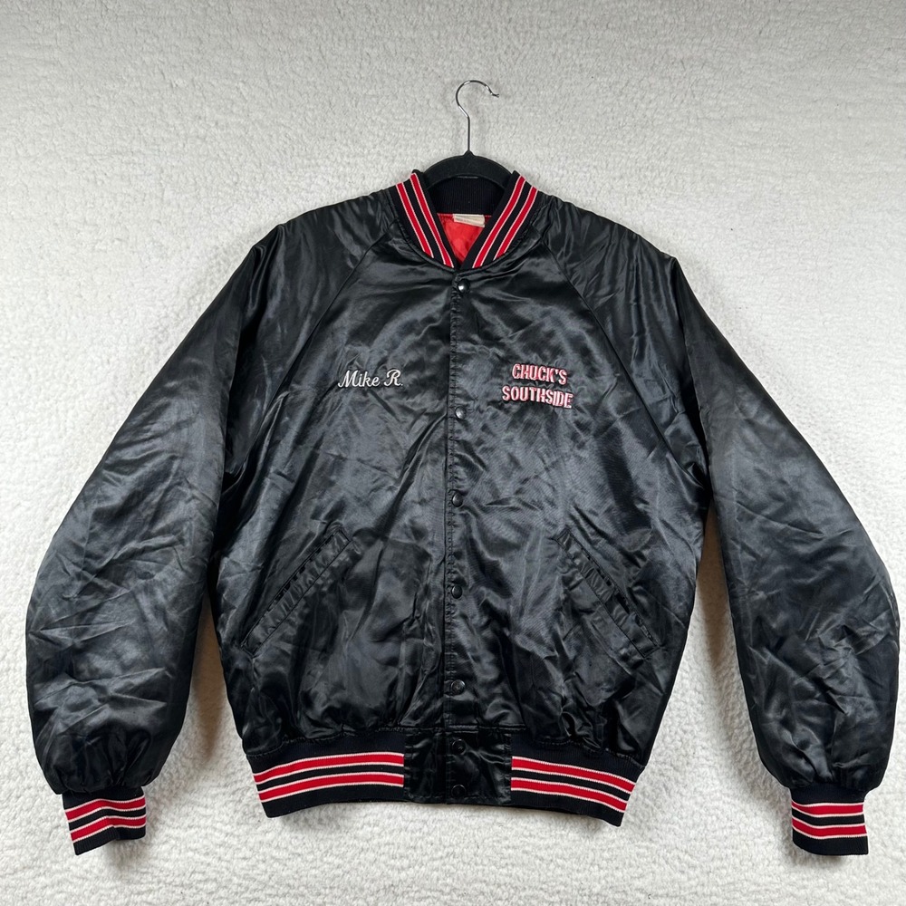 Vintage Howe Satin Varsity Bomber Jacket Mens L Chucks Southside Black Red Retro